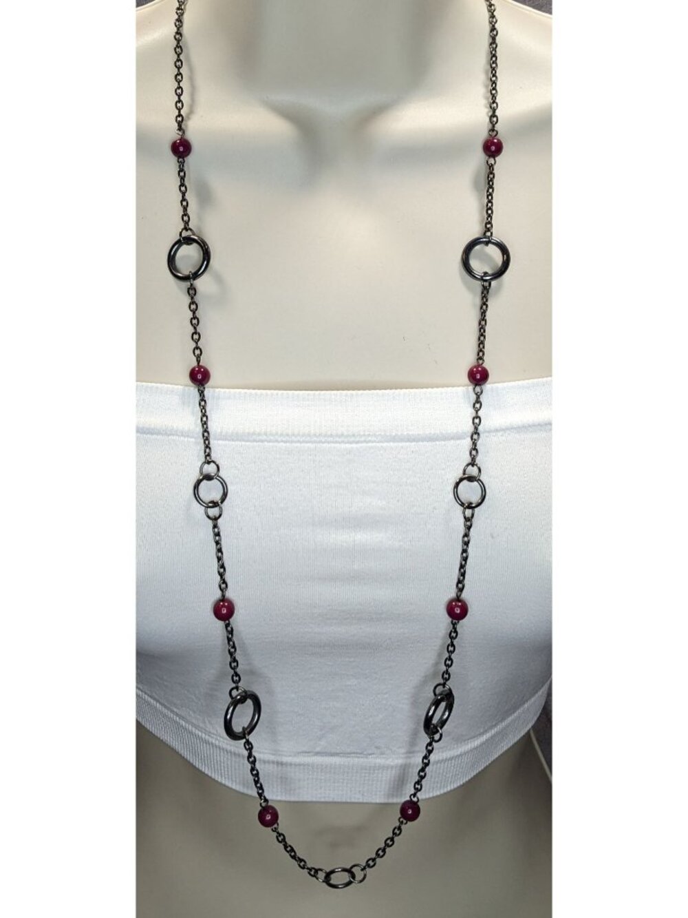 Gunmetal Chain Ring & Bead Station Necklace Burgundy Modern Statement Jewelry
